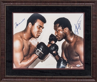 Muhammad Ali and Joe Frazier Dual Signed Famous Stare Down 16 x 20 Photograph In Frame Display (PSA/DNA)